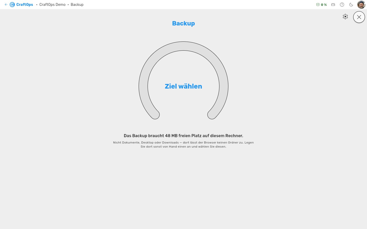 Bildschirm „Backup“ im Demo-Betrieb