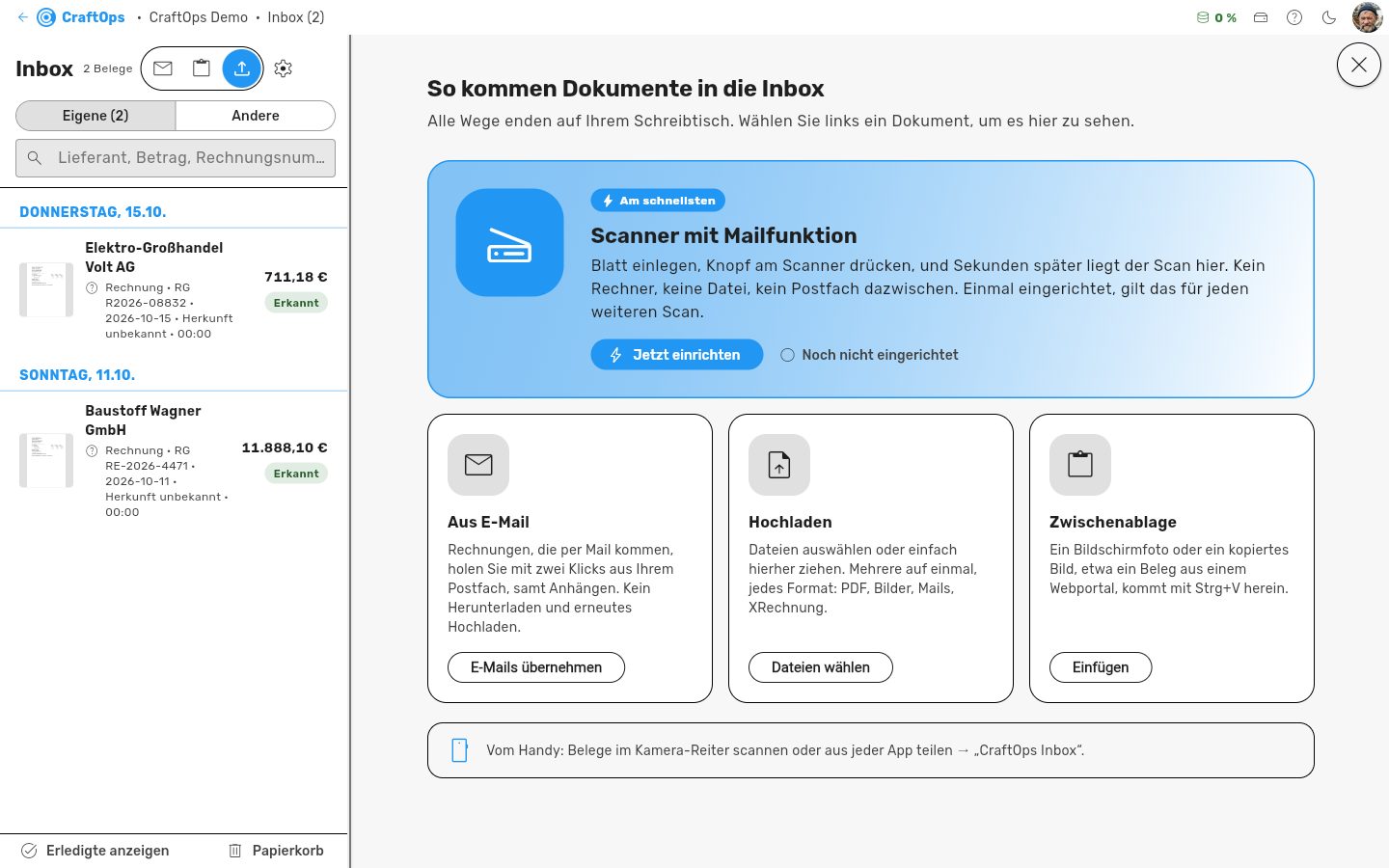 Bildschirm „Inbox“ im Demo-Betrieb