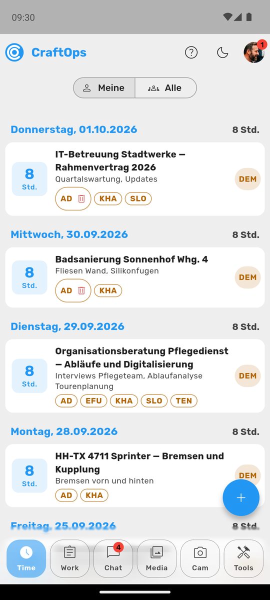 Bildschirm „Mobile-App: Time“ im Demo-Betrieb