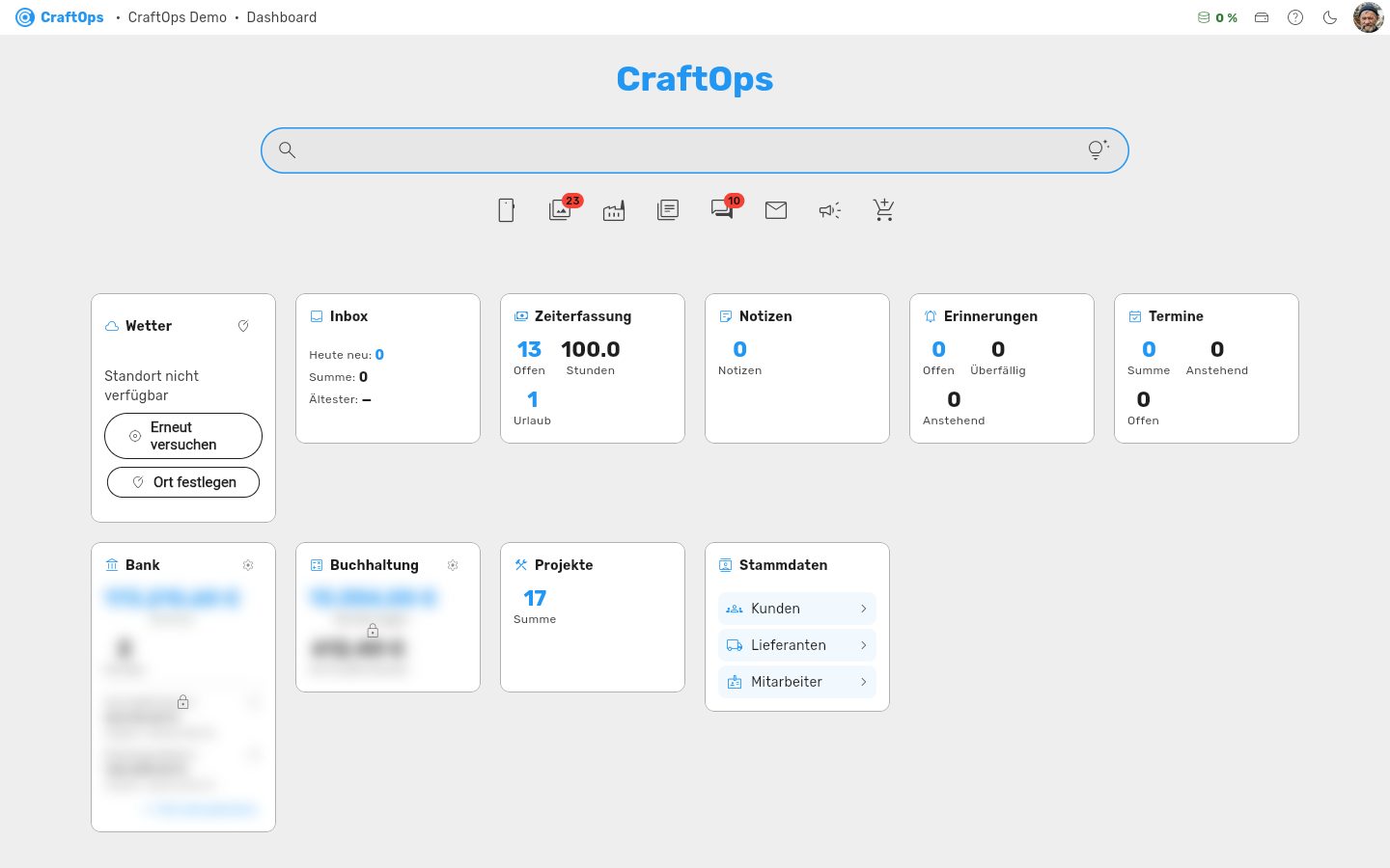 Bildschirm „Willkommen bei CraftOps“ im Demo-Betrieb